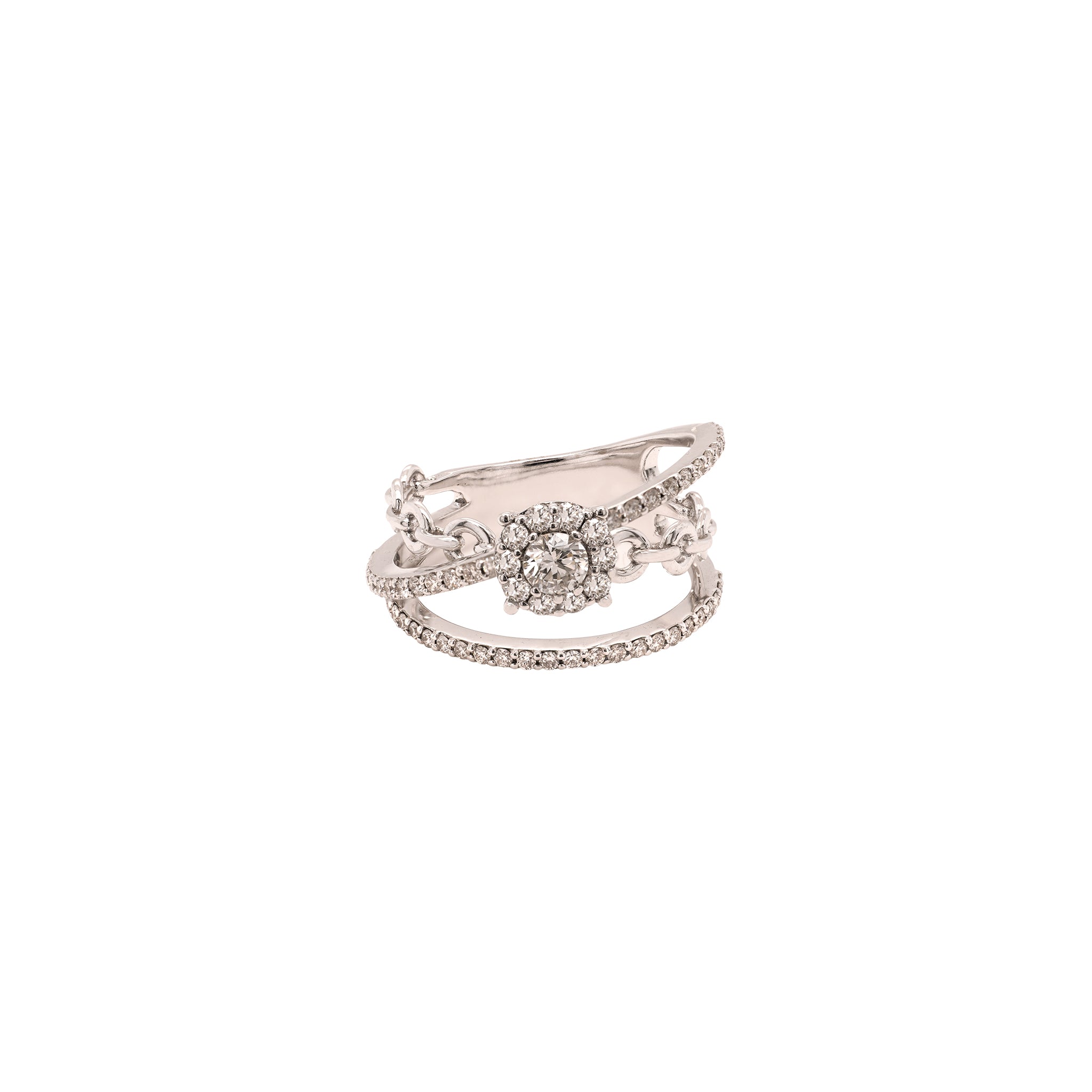 Diamond ring with chain design in white gold