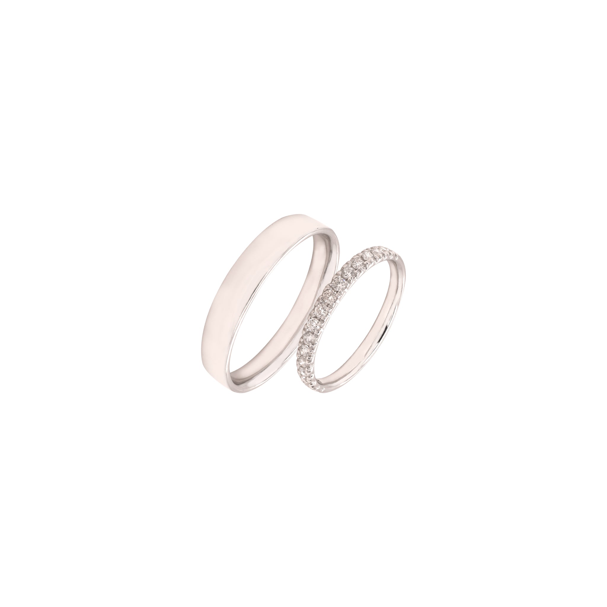 Pair of white gold, wedding bands, with half eternity ring