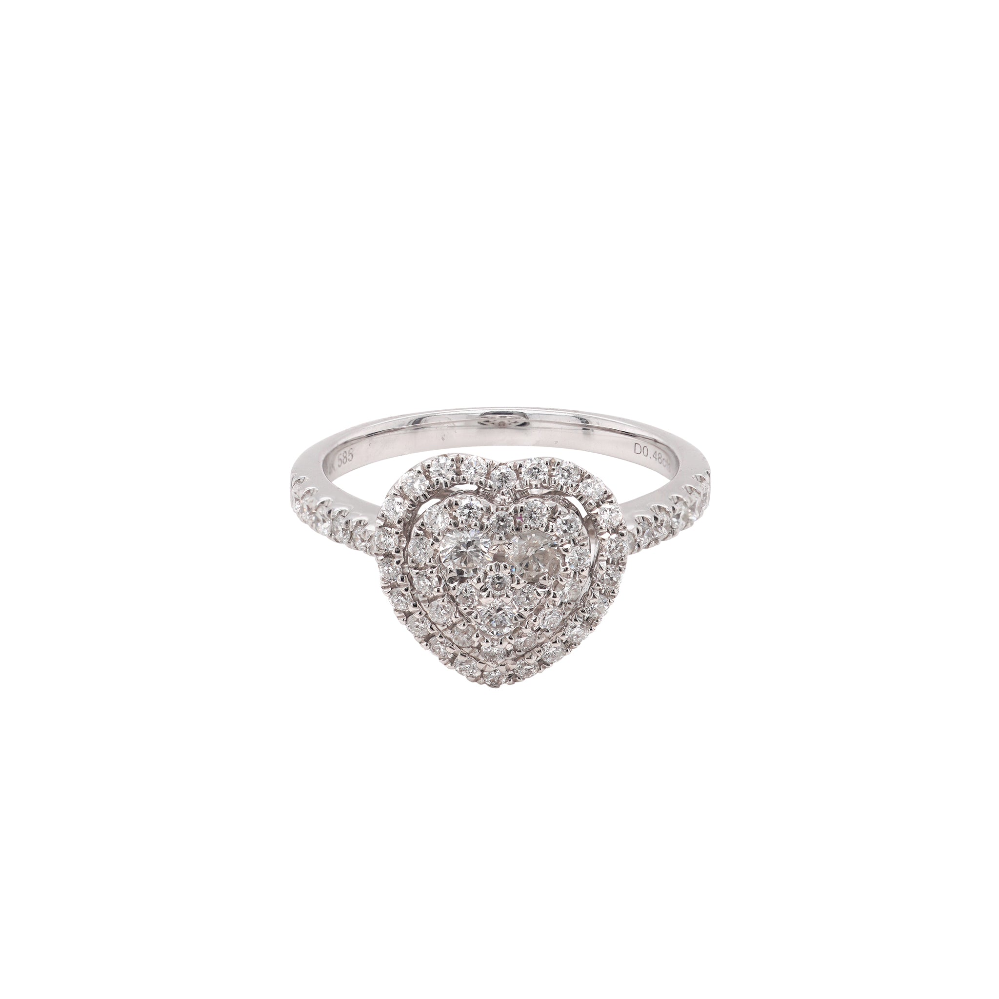 A heart-shaped diamond ring with round brilliant cut stones set in 14k white gold.